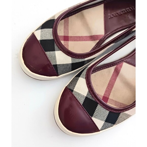 Burberry Nova Check Ballet Flat Burgundy Patent Cap Toe Rubber Bumper EU 35 US 5 - Picture 8 of 13